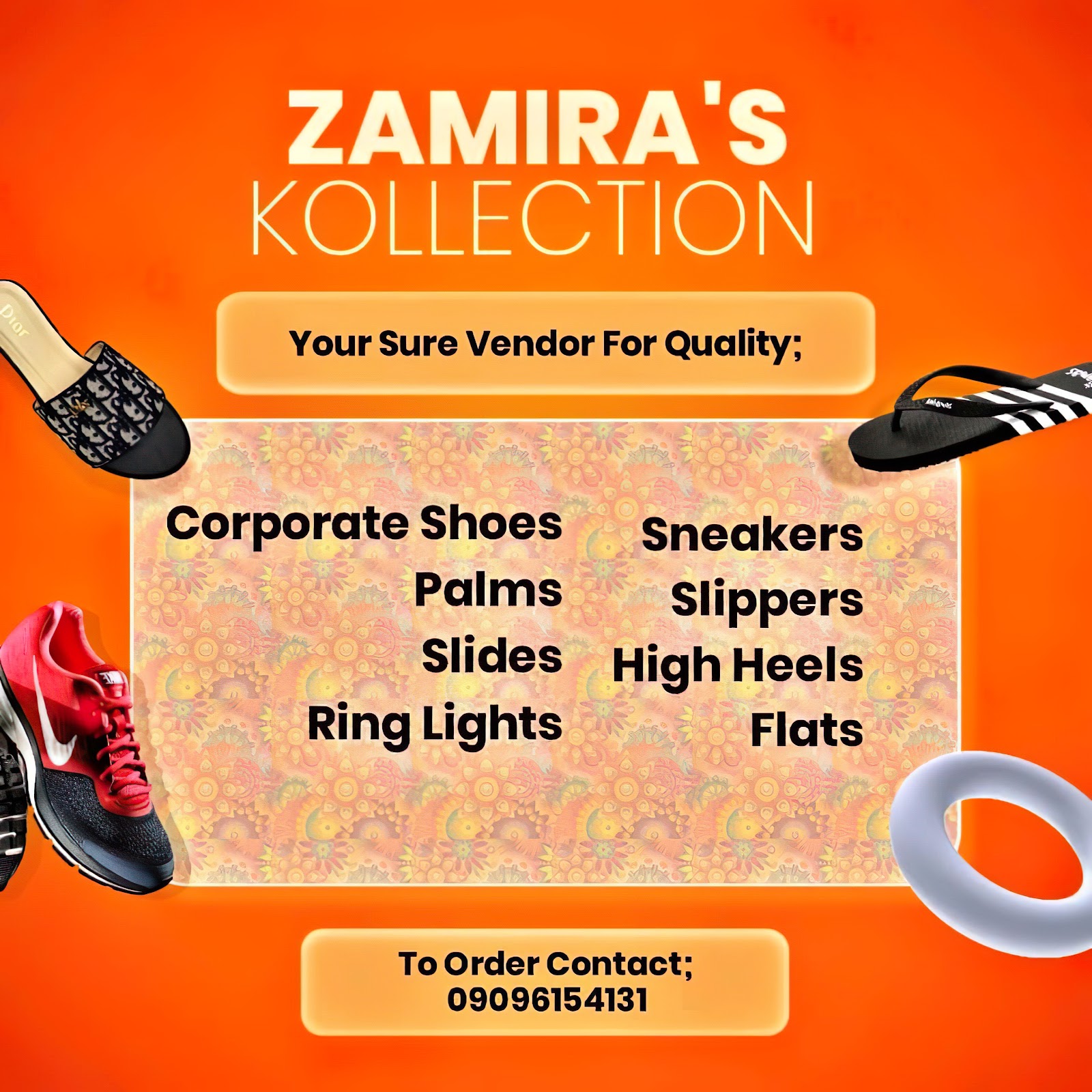 Zamira's Kollection product list poster in orange with footwear imagery