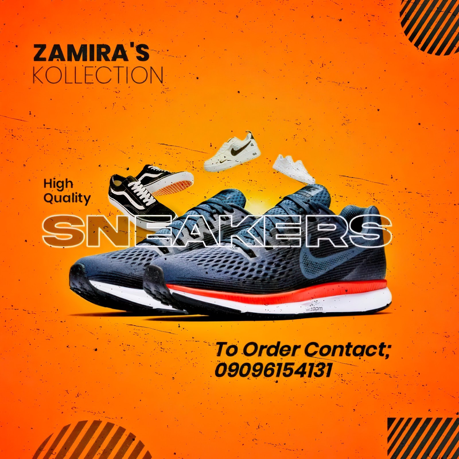 Zamira's Kollection sneakers promotion in orange with a bold product shot